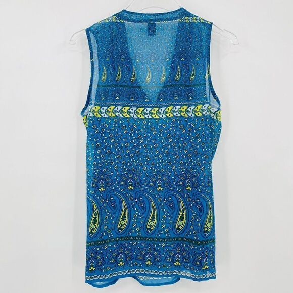 Old Navy Size Medium Blue & Yellow Floral Tie Neck Sleeveless Blouse Top - Picture 6 of 6